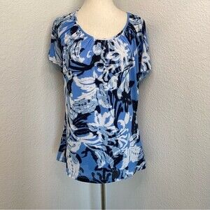 Jones NY Wear Blue Black White Floral Flutter Slv Round Neck Lightweight SZ L
